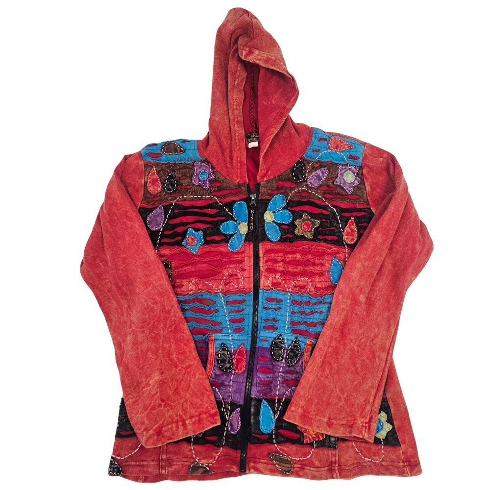 Rising International Red Patchwork Razor Cut Floral Boho Zip Up Hoodie Jacket